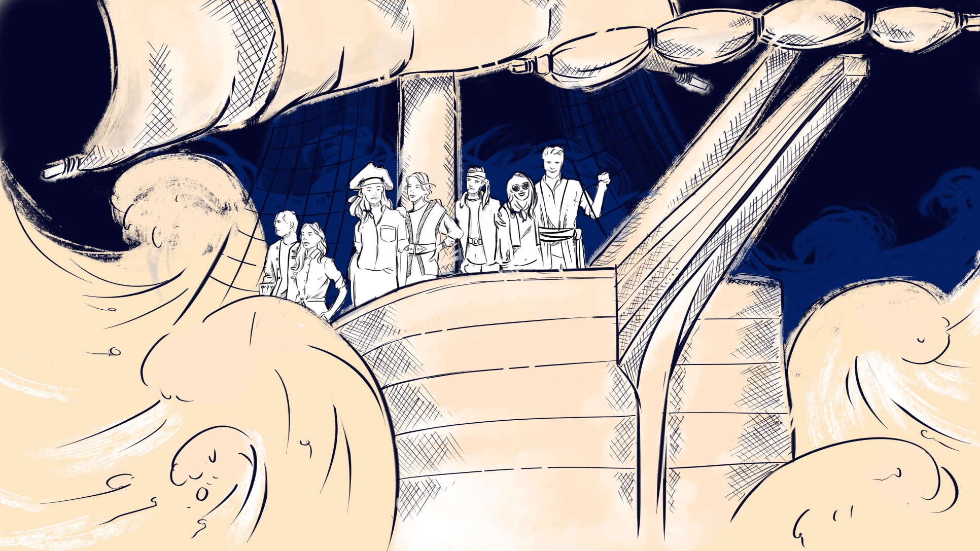 An engraved crew standing on the deck of a galleon